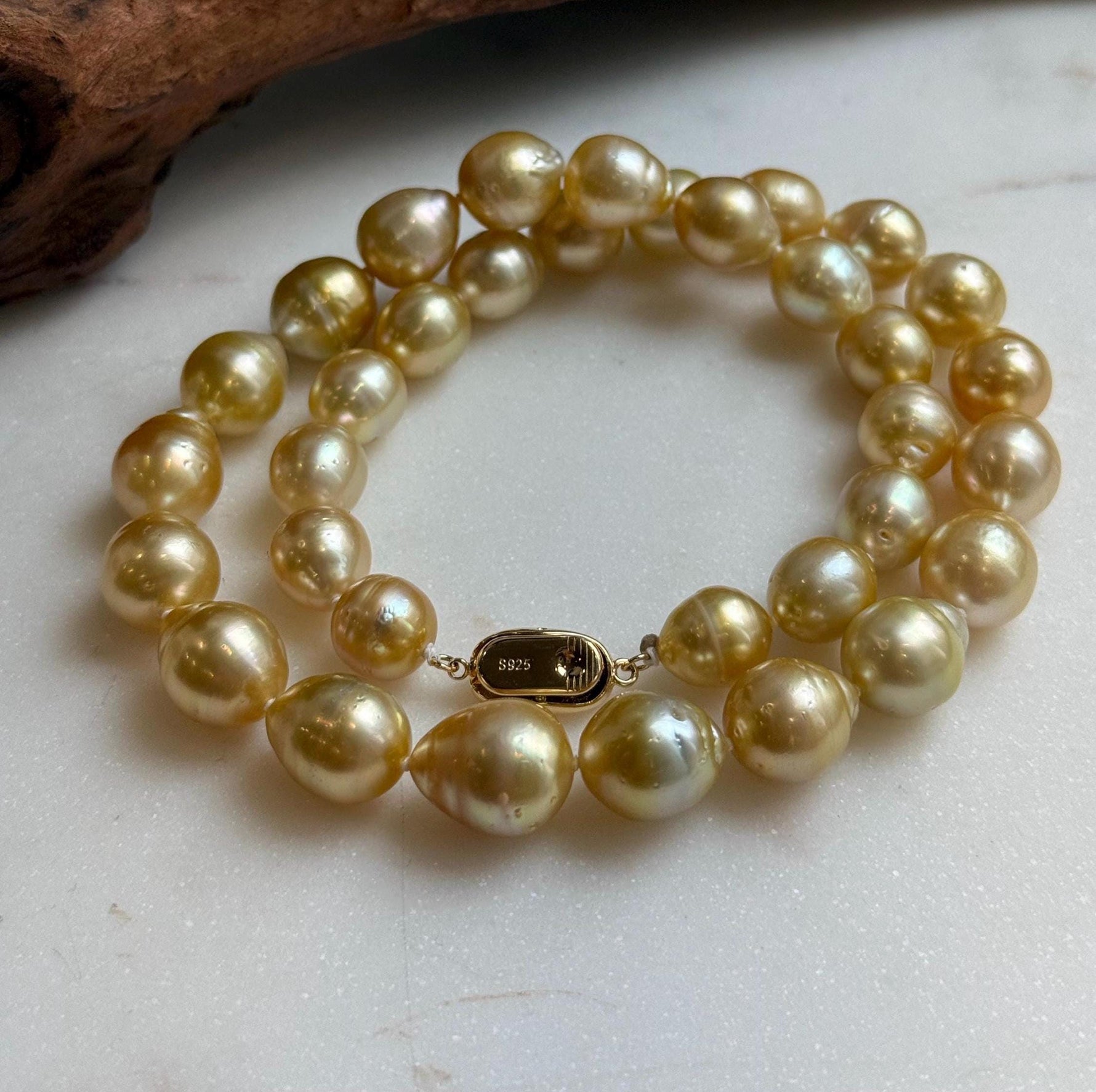 Elly’s 10-12.6mm 34pcs Genius natural South sea Golden Ocean Pearls Necklace: Extreme luster, 18.4” knotted, S925 silver necklace strand. ocean golden pearls necklace for her