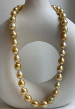 Elly’s 10-12.6mm 34pcs Genius natural South sea Golden Ocean Pearls Necklace: Extreme luster, 18.4” knotted, S925 silver necklace strand. ocean golden pearls necklace for her