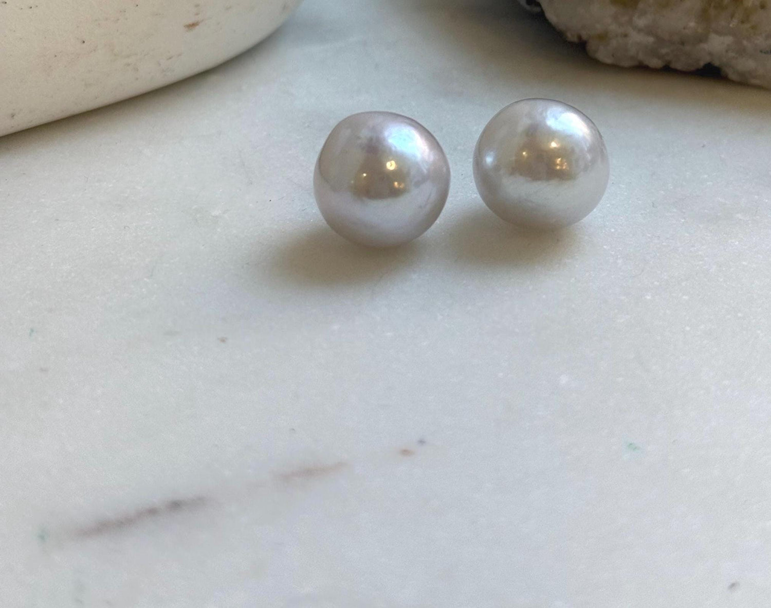 Elly’s 13.3mm Large Edison white Pearls Earrings studs: Extreme luster Mirrored, S925 silver minimalist earrings. daily office earrings studs