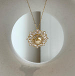 Elly’s South sea golden pearl Floral brooch pendant 2in1: Extreme luster mirrored, 10.8mm, 3x3cm. golden pearl floral brooch gift for her