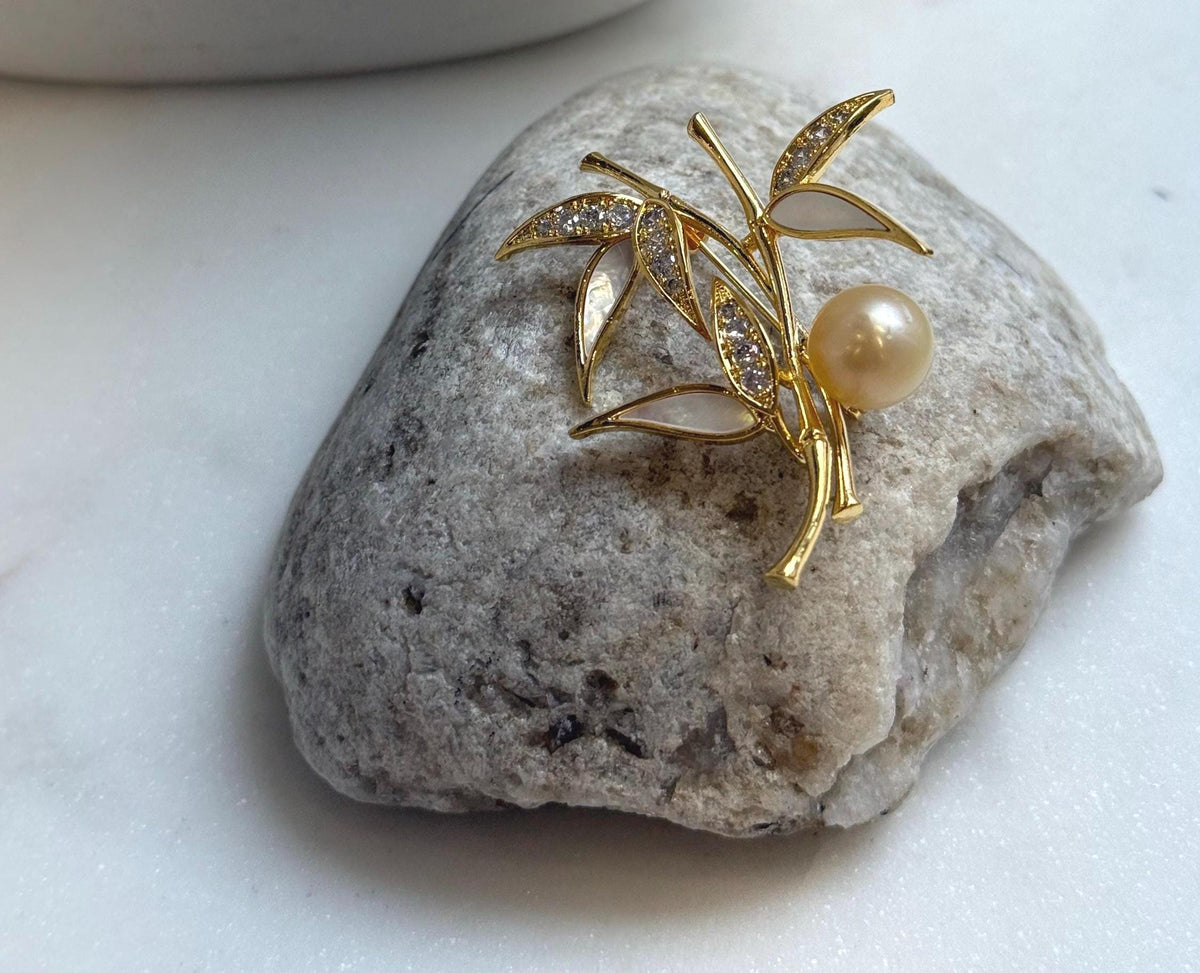 Elly’s south sea golden ocean pearl Bamboo brooch: Extreme luster mirrored, 11mm. daily office golden pearl cool fancy brooch