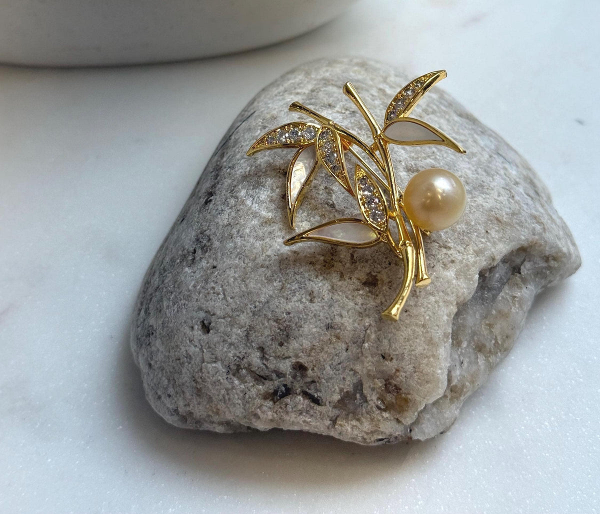Elly’s south sea golden ocean pearl Bamboo brooch: Extreme luster mirrored, 11mm. daily office golden pearl cool fancy brooch