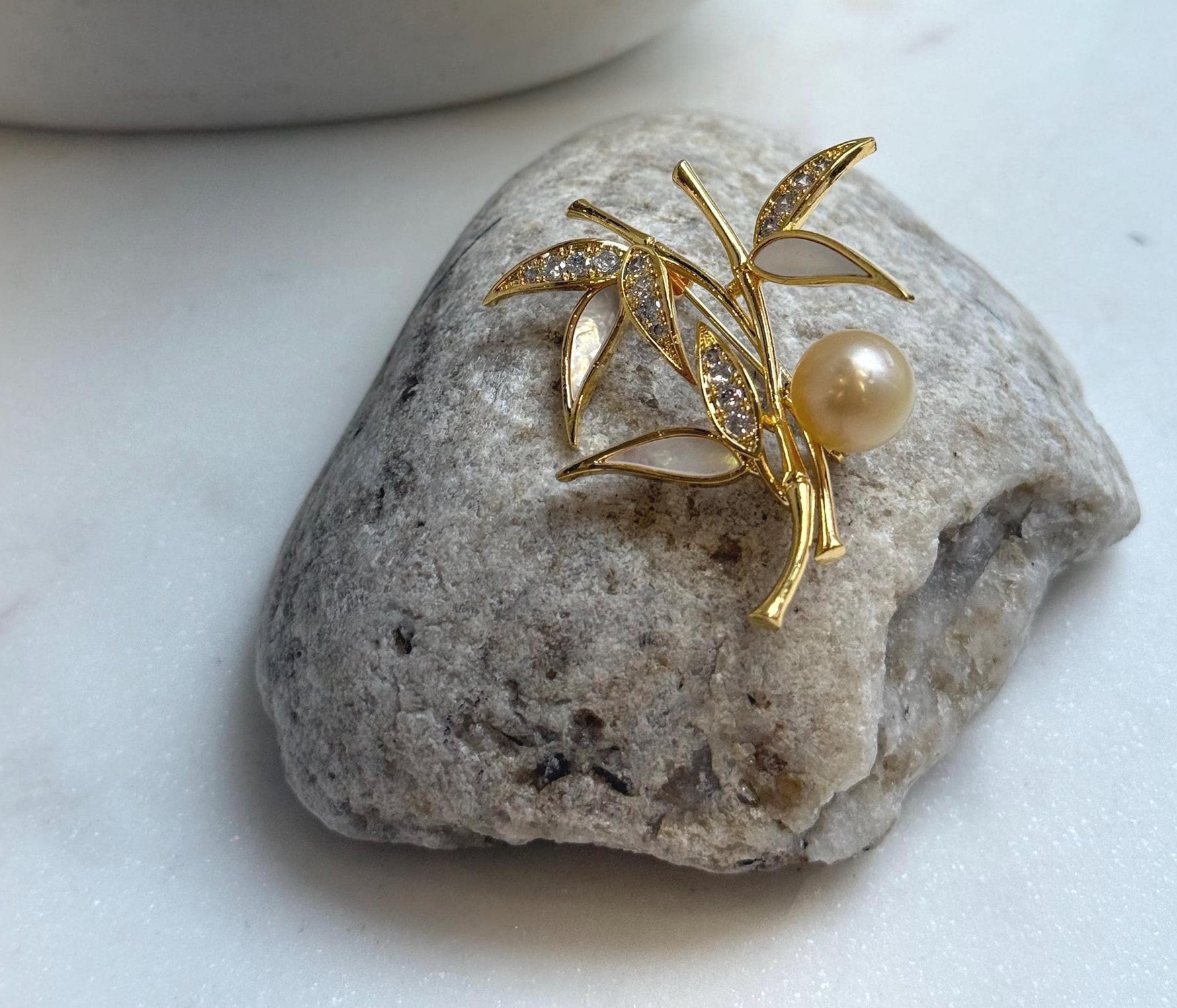 Elly’s south sea golden ocean pearl Bamboo brooch: Extreme luster mirrored, 11mm. daily office golden pearl cool fancy brooch