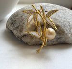Elly’s south sea golden ocean pearl Bamboo brooch: Extreme luster mirrored, 11mm. daily office golden pearl cool fancy brooch