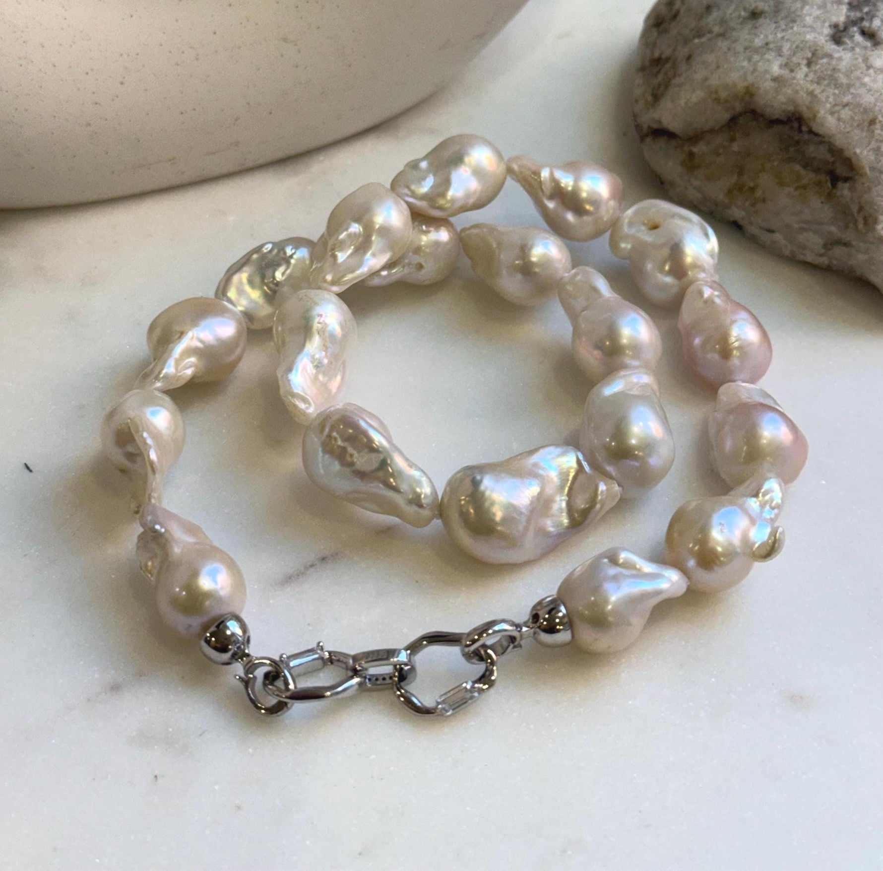 Elly’s 19pcs White Iridescent Baroque Tail pearls necklace strand: Extreme luster mirrored, To 25.2mm. Knotted, 18.5”, S925 silver necklace. high quality baroque pearls necklace for her