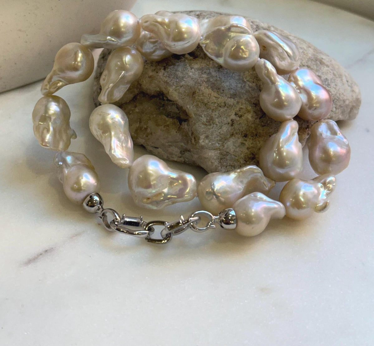 Elly’s 19pcs White Iridescent Baroque Tail pearls necklace strand: Extreme luster mirrored, To 25.2mm. Knotted, 18.5”, S925 silver necklace. high quality baroque pearls necklace for her