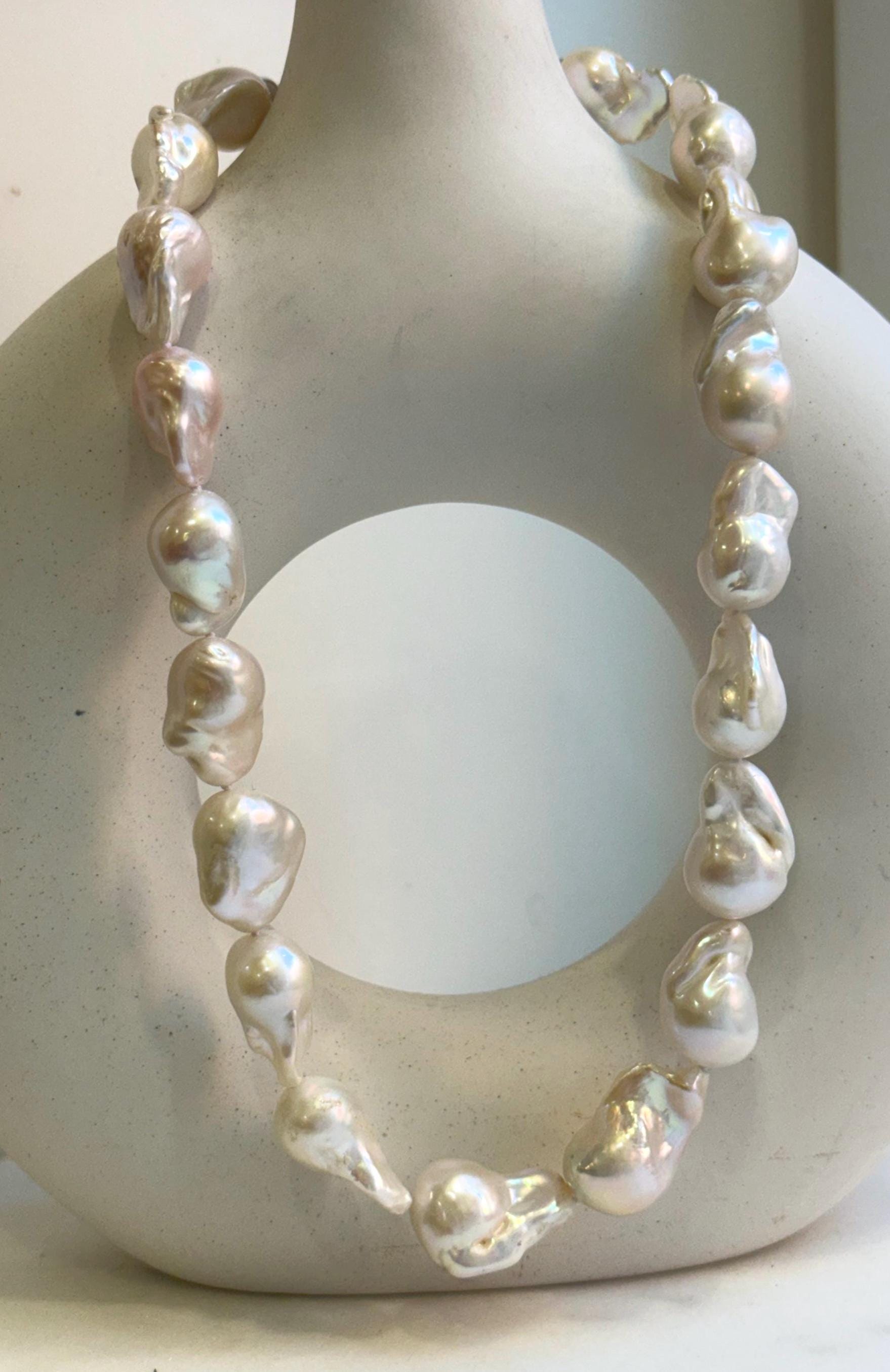 Elly’s 19pcs White Iridescent Baroque Tail pearls necklace strand: Extreme luster mirrored, To 25.2mm. Knotted, 18.5”, S925 silver necklace. high quality baroque pearls necklace for her