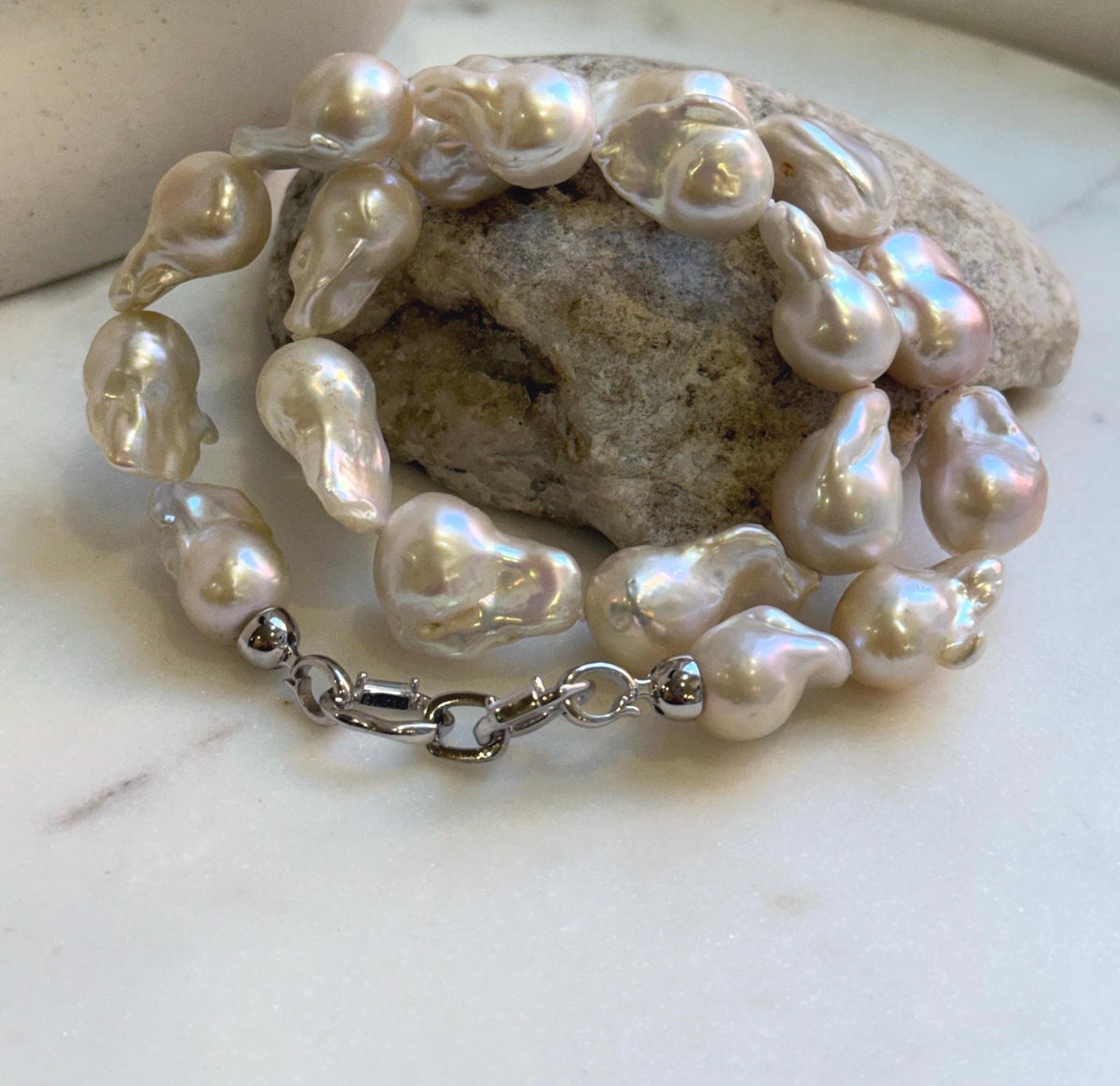 Elly’s 19pcs White Iridescent Baroque Tail pearls necklace strand: Extreme luster mirrored, To 25.2mm. Knotted, 18.5”, S925 silver necklace. high quality baroque pearls necklace for her