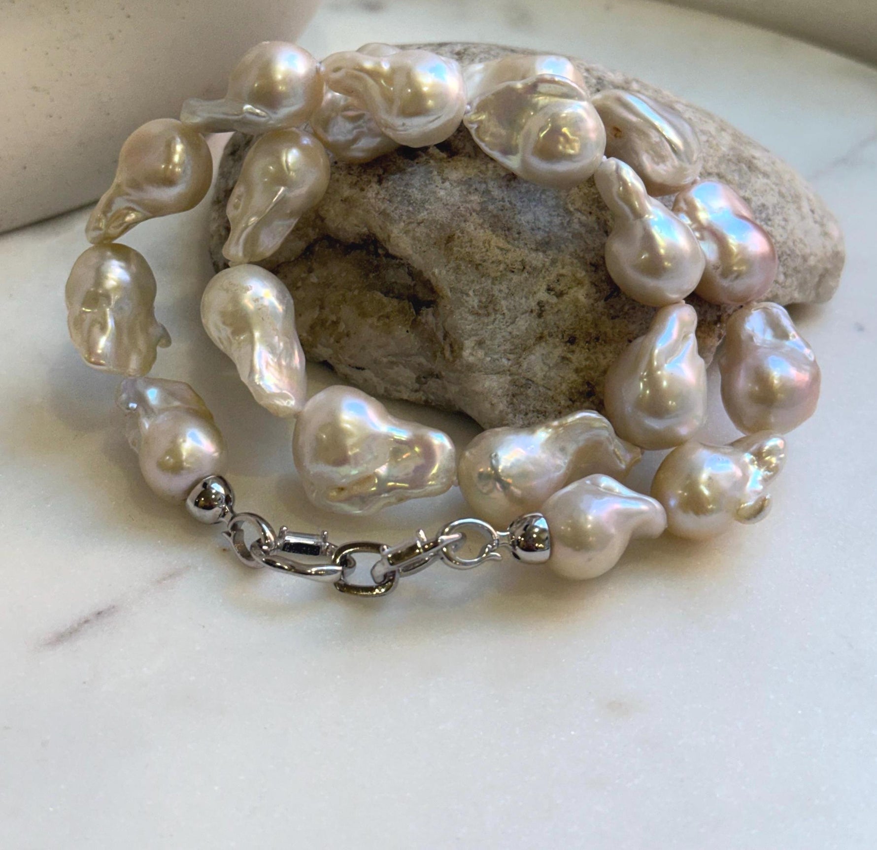 Elly’s 19pcs White Iridescent Baroque Tail pearls necklace strand: Extreme luster mirrored, To 25.2mm. Knotted, 18.5”, S925 silver necklace. high quality baroque pearls necklace for her