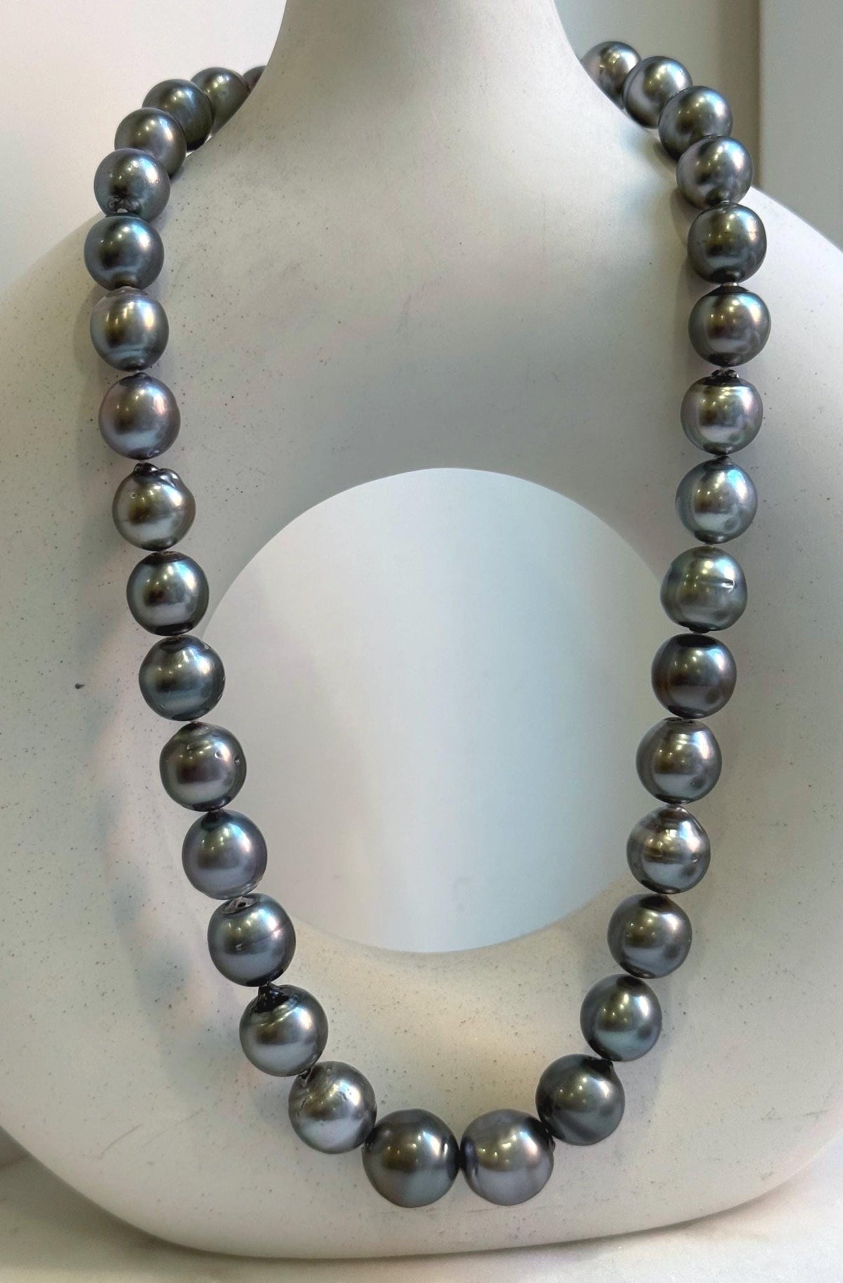 Elly’s 35pcs 10.2-13.5mm large Tahitian Platinum Ocean Pearls Necklace: extreme luster mirrored, knotted, 18.1”, S925 silver necklace. high quality platinum pearls gift for her birthday anniversary holiday retirement