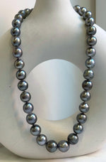 Elly’s 35pcs 10.2-13.5mm large Tahitian Platinum Ocean Pearls Necklace: extreme luster mirrored, knotted, 18.1”, S925 silver necklace. high quality platinum pearls gift for her birthday anniversary holiday retirement