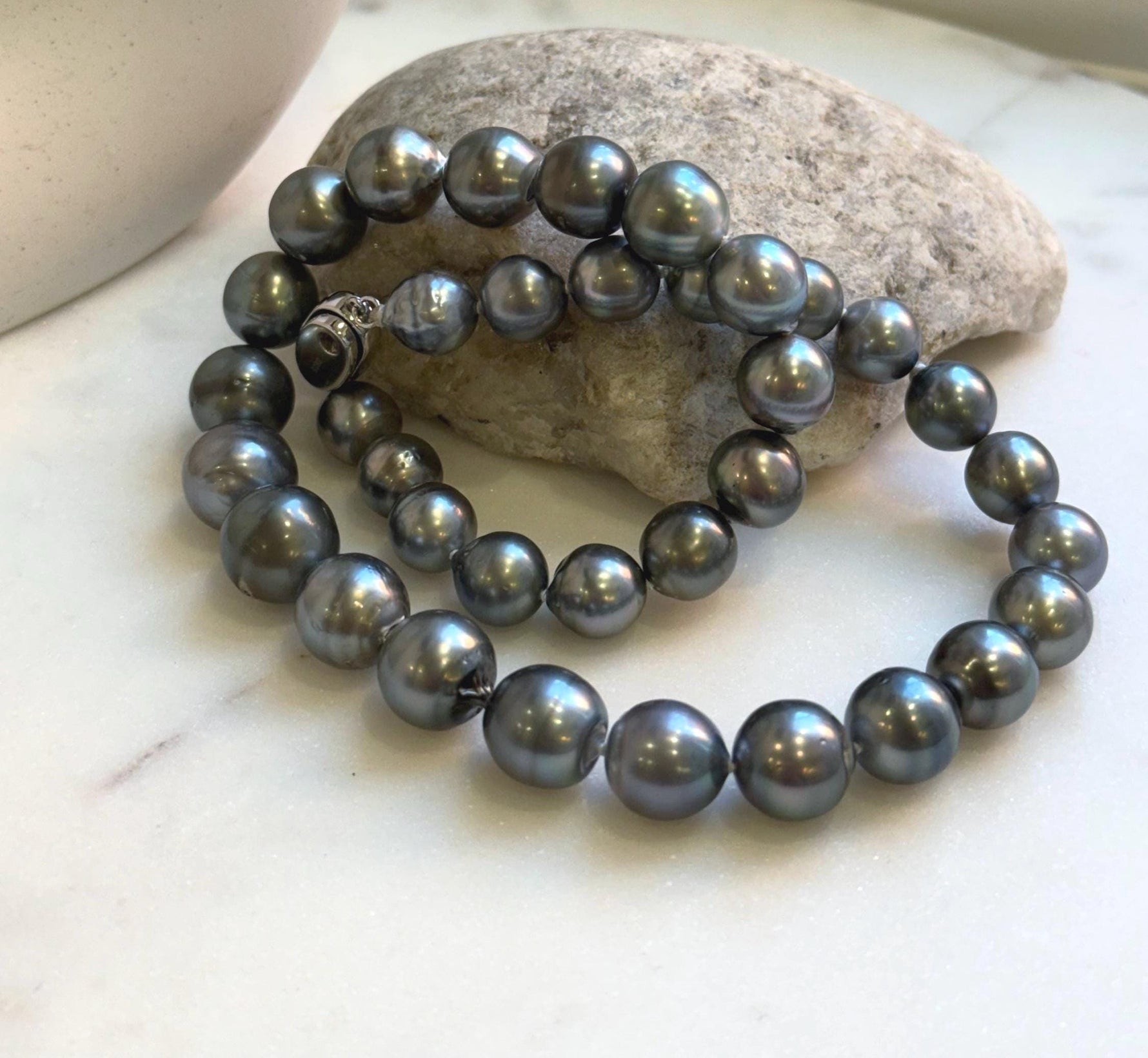 Elly’s 35pcs 10.2-13.5mm large Tahitian Platinum Ocean Pearls Necklace: extreme luster mirrored, knotted, 18.1”, S925 silver necklace. high quality platinum pearls gift for her birthday anniversary holiday retirement