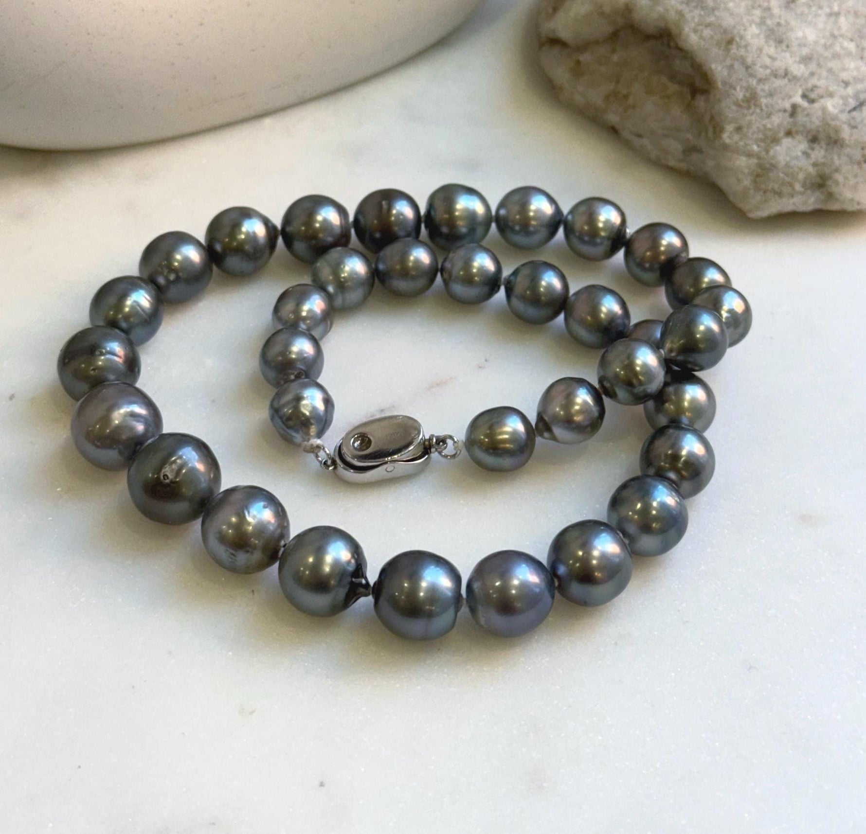 Elly’s 35pcs 10.2-13.5mm large Tahitian Platinum Ocean Pearls Necklace: extreme luster mirrored, knotted, 18.1”, S925 silver necklace. high quality platinum pearls gift for her birthday anniversary holiday retirement