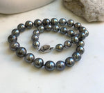 Elly’s 35pcs 10.2-13.5mm large Tahitian Platinum Ocean Pearls Necklace: extreme luster mirrored, knotted, 18.1”, S925 silver necklace. high quality platinum pearls gift for her birthday anniversary holiday retirement