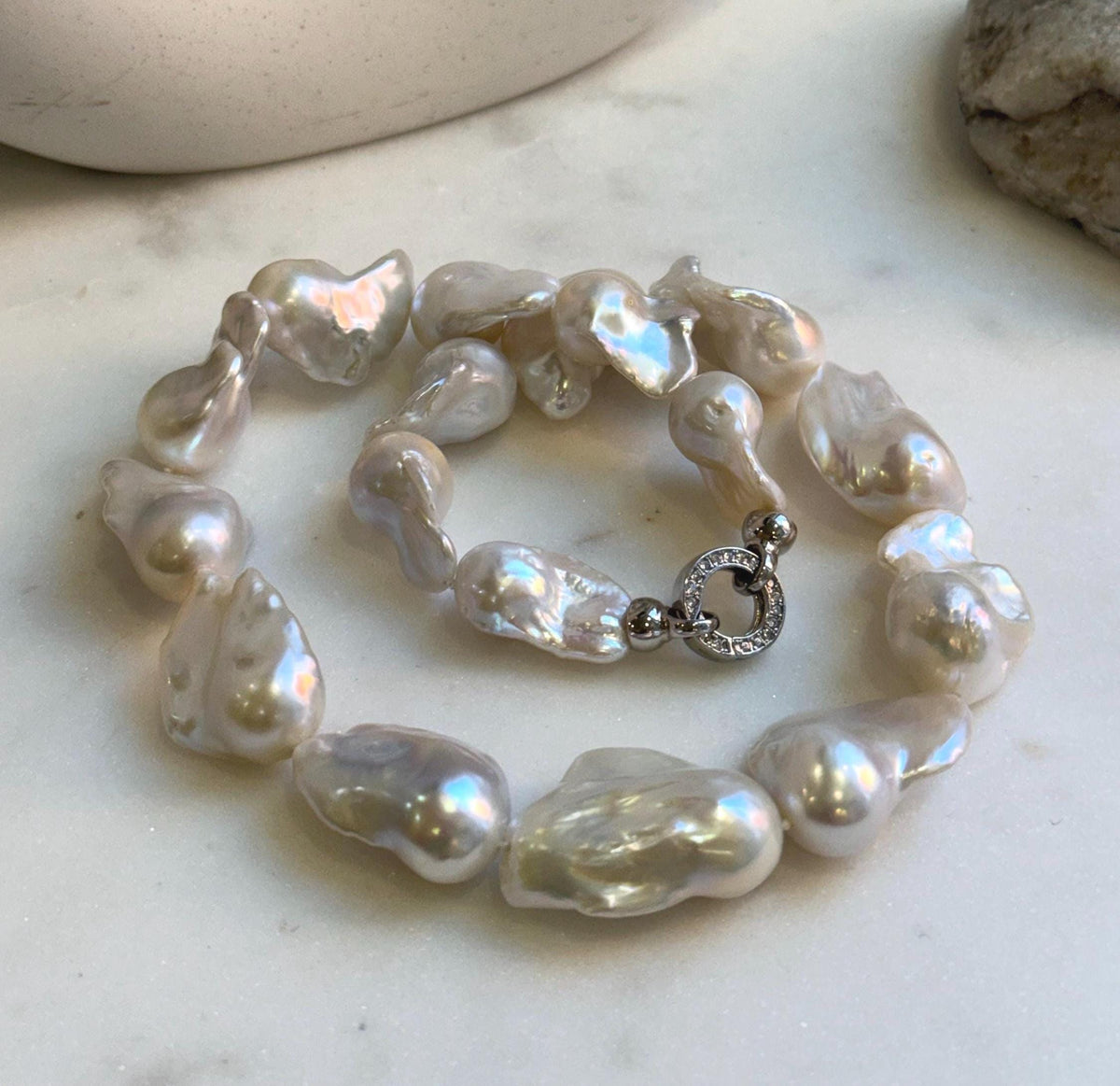 Elly’s 17pcs White Iridescent Baroque Tail pearls necklace strand: Extreme luster mirrored, To 32mm. Knotted, 18.1”, S925 silver necklace. high quality baroque pearls necklace strand gift for her birthday anniversary statement retirement