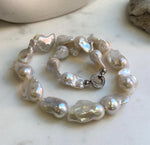 Elly’s 17pcs White Iridescent Baroque Tail pearls necklace strand: Extreme luster mirrored, To 32mm. Knotted, 18.1”, S925 silver necklace. high quality baroque pearls necklace strand gift for her birthday anniversary statement retirement