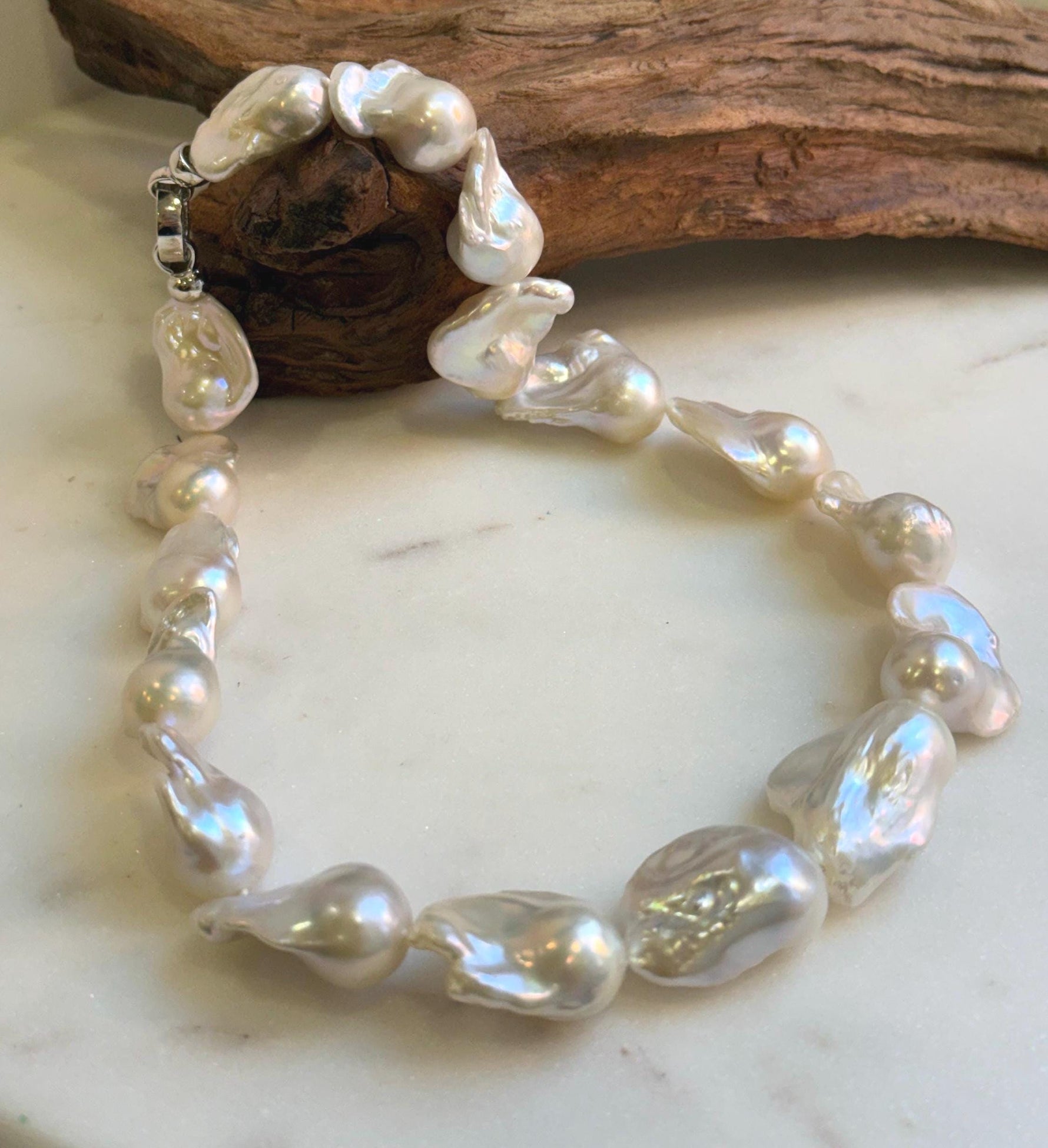 Elly’s 17pcs White Iridescent Baroque Tail pearls necklace strand: Extreme luster mirrored, To 32mm. Knotted, 18.1”, S925 silver necklace. high quality baroque pearls necklace strand gift for her birthday anniversary statement retirement
