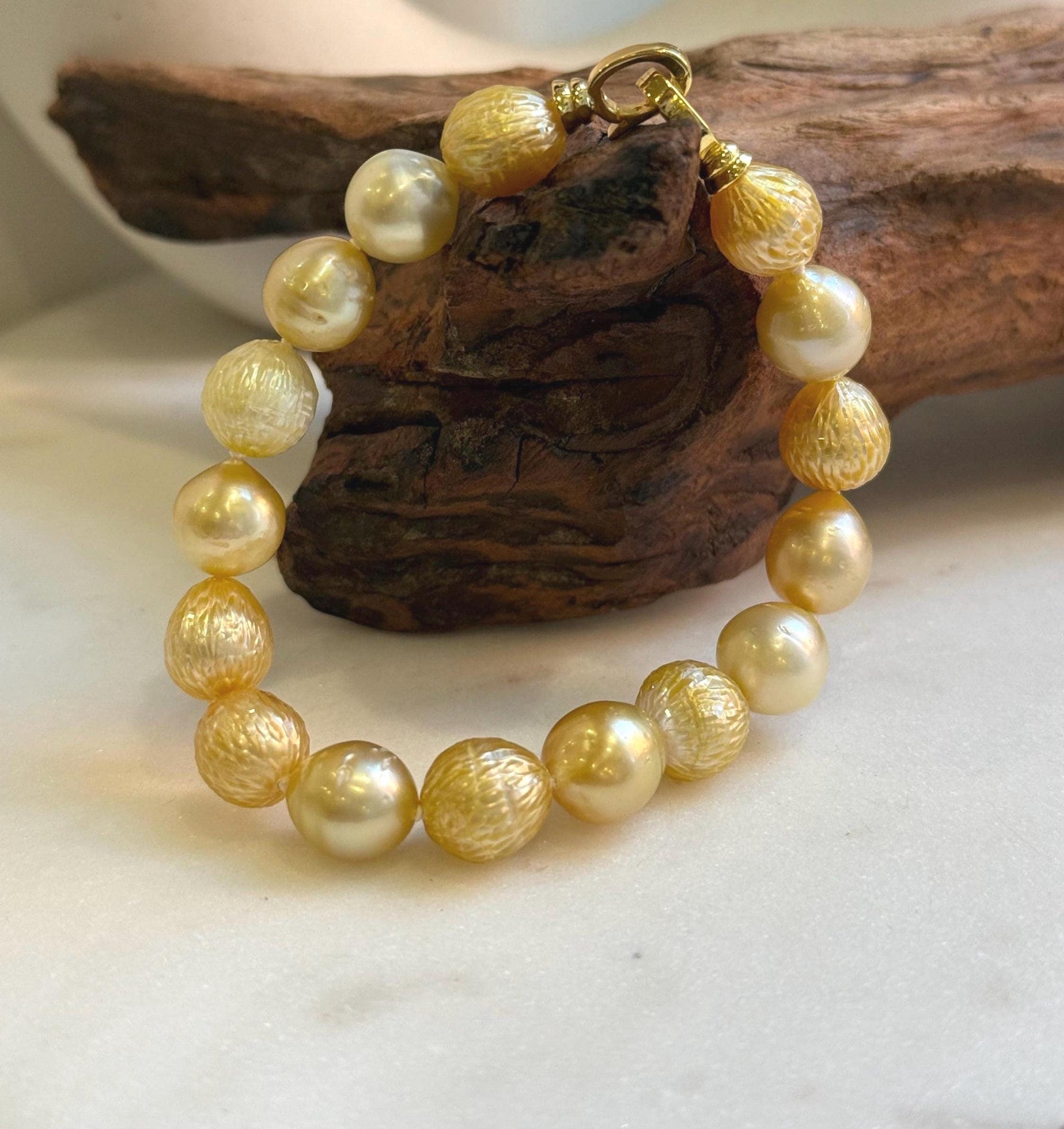 Elly’s 9.7-11mm 16pcs Genius South sea golden Ocean Pearls bracelet: Extreme luster, gold to deep golden pearls, 8.6”, S925 silver bracelet. high quality genius golden ocean pearls gift for her birthday anniversary statement holiday retirement