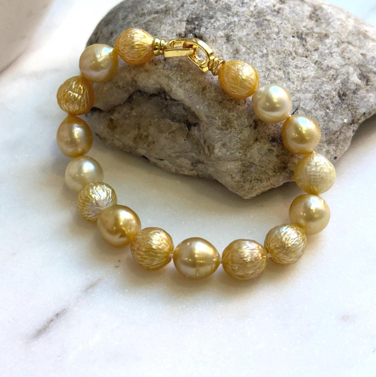 Elly’s 9.7-11mm 16pcs Genius South sea golden Ocean Pearls bracelet: Extreme luster, gold to deep golden pearls, 8.6”, S925 silver bracelet. high quality genius golden ocean pearls gift for her birthday anniversary statement holiday retirement