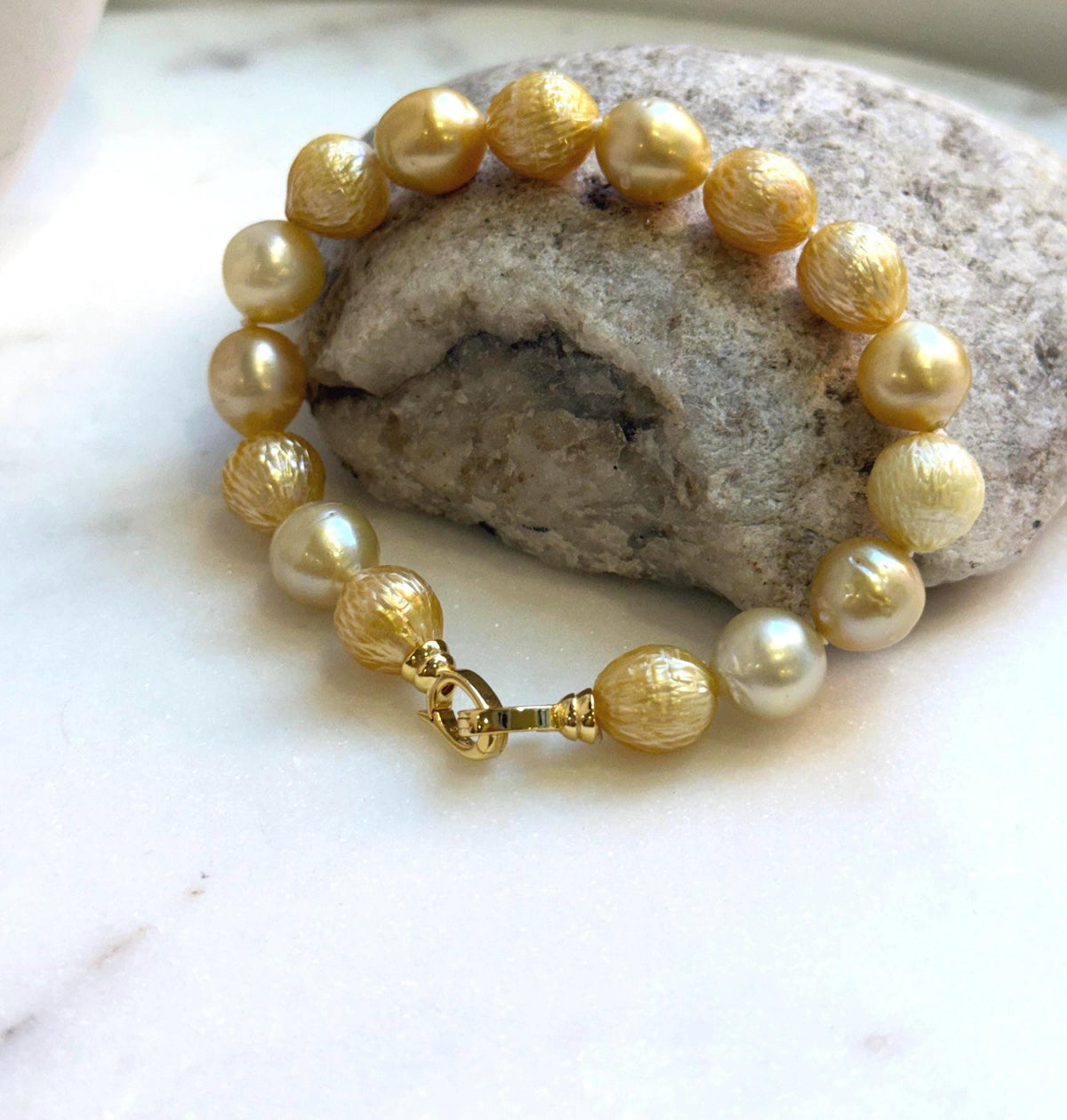 Elly’s 9.7-11mm 16pcs Genius South sea golden Ocean Pearls bracelet: Extreme luster, gold to deep golden pearls, 8.6”, S925 silver bracelet. high quality genius golden ocean pearls gift for her birthday anniversary statement holiday retirement