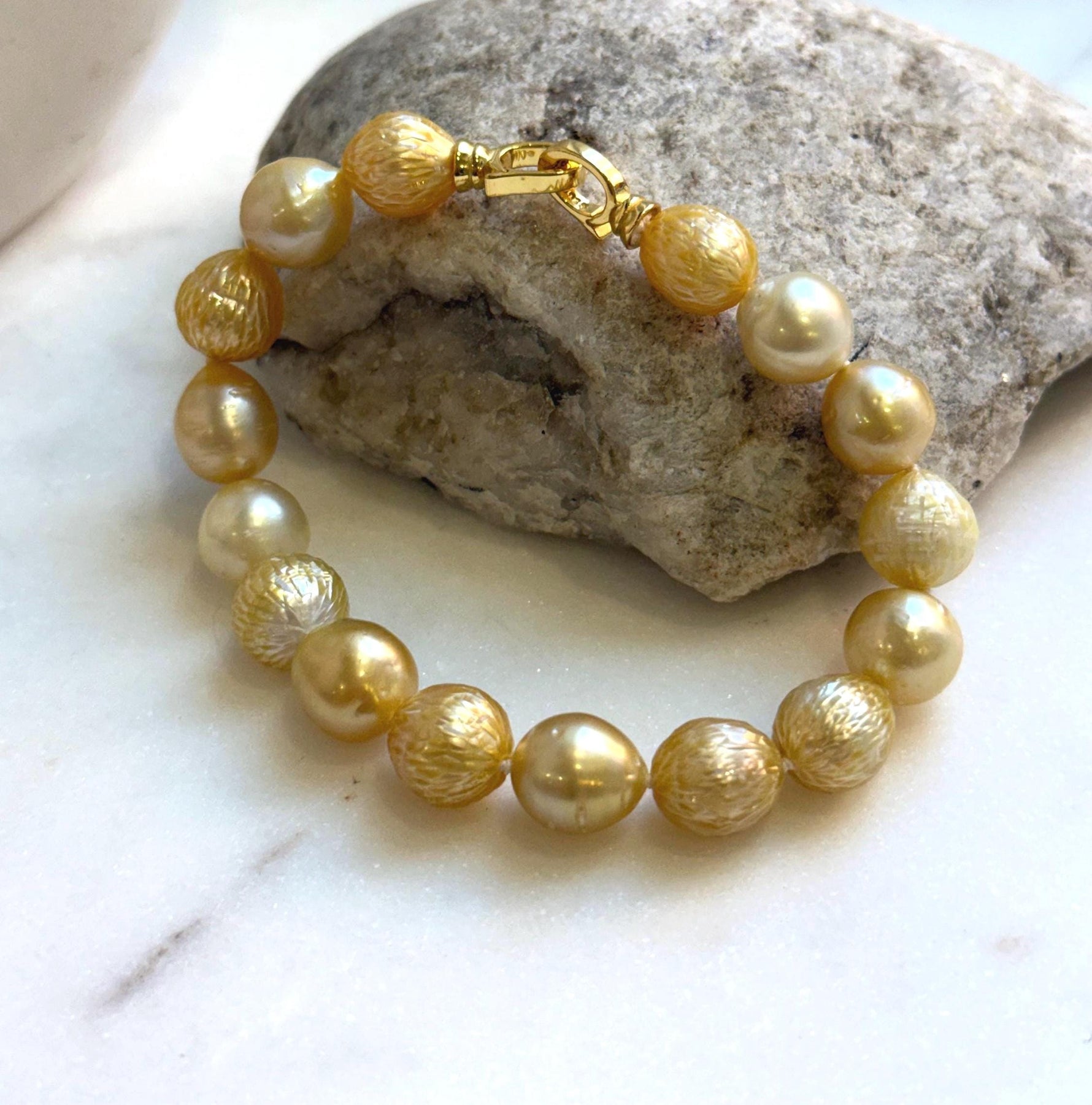 Elly’s 9.7-11mm 16pcs Genius South sea golden Ocean Pearls bracelet: Extreme luster, gold to deep golden pearls, 8.6”, S925 silver bracelet. high quality genius golden ocean pearls gift for her birthday anniversary statement holiday retirement