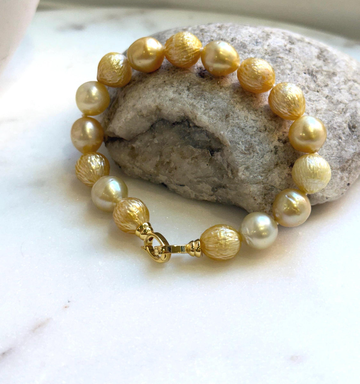 Elly’s 9.7-11mm 16pcs Genius South sea golden Ocean Pearls bracelet: Extreme luster, gold to deep golden pearls, 8.6”, S925 silver bracelet. high quality genius golden ocean pearls gift for her birthday anniversary statement holiday retirement