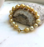 Elly’s 9.7-11mm 16pcs Genius South sea golden Ocean Pearls bracelet: Extreme luster, gold to deep golden pearls, 8.6”, S925 silver bracelet. high quality genius golden ocean pearls gift for her birthday anniversary statement holiday retirement