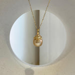 Elly’s 12.1mm South sea deep golden ocean pearl Pendant: Extreme luster, 2.2cm high, s925 silver minimalist pendant.