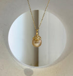 Elly’s 12.1mm South sea deep golden ocean pearl Pendant: Extreme luster, 2.2cm high, s925 silver minimalist pendant.