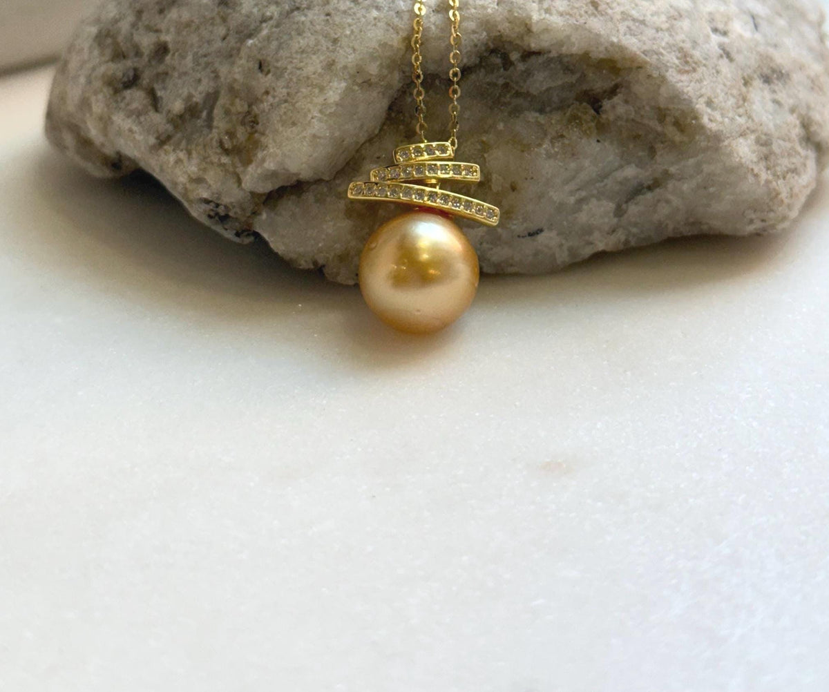 Elly’s 12mm Genius South sea deep golden ocean pearl Pendant: Extreme luster, 2cm high, s925 silver minimalist pendant. golden ocean pearl pendant gift for her holiday
