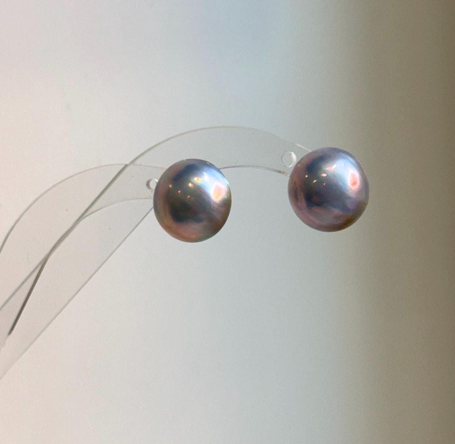 Elly’s 15.5mm Genius Sky Blue Ocean Mabe Pearls Earrings Studs: Extreme luster Mirrored, S925 silver minimalist earrings studs. high quality Sky blue Japanese ocean Mabe pearls earrings studs for her