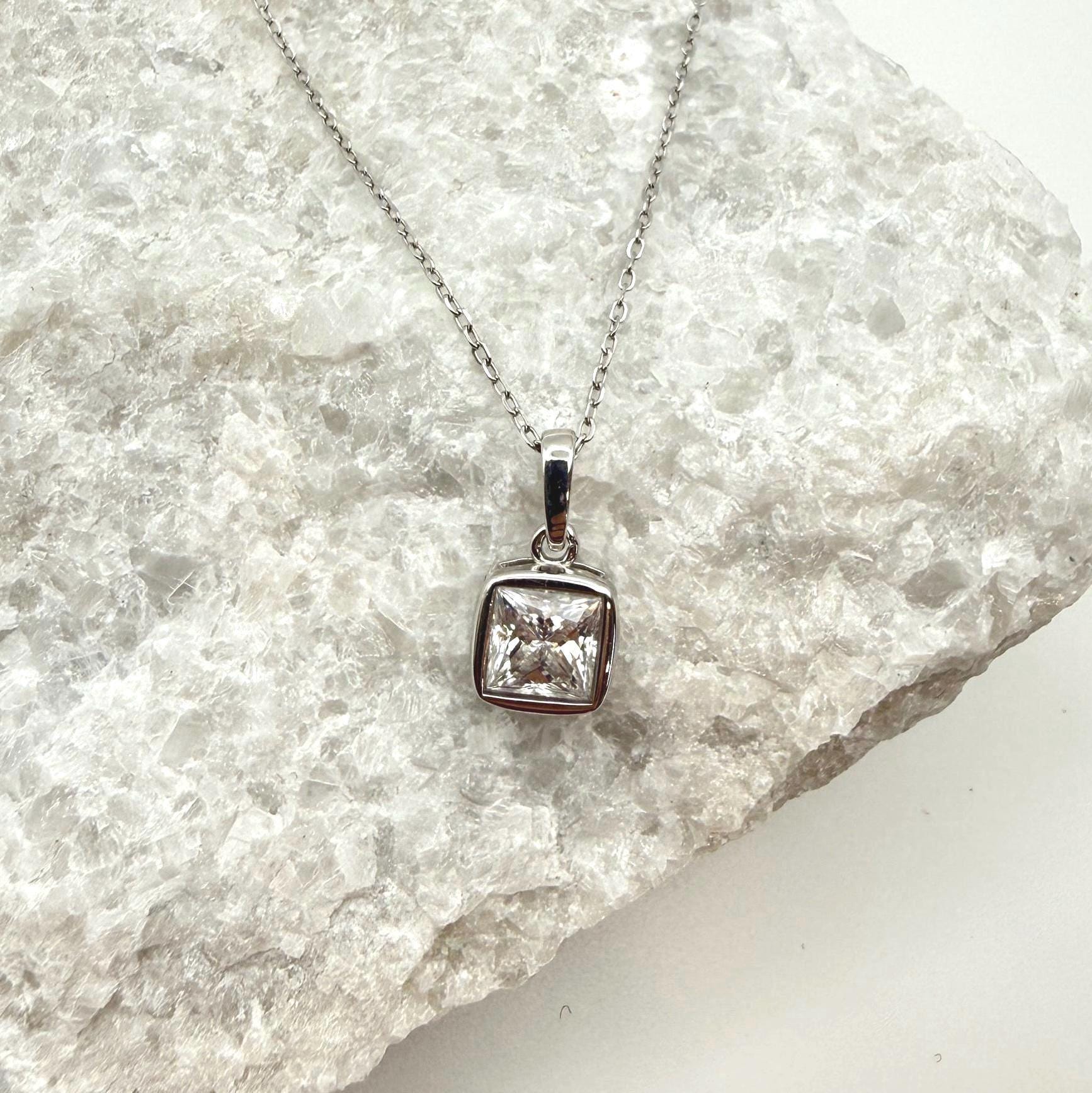 Bezel Princess Cut Moissanite Necklace | 1.2 CT D/VVS1 Flawless Brilliant Cut Moissanite Minimalist Pendant | Solid S925 Silver Jewelry