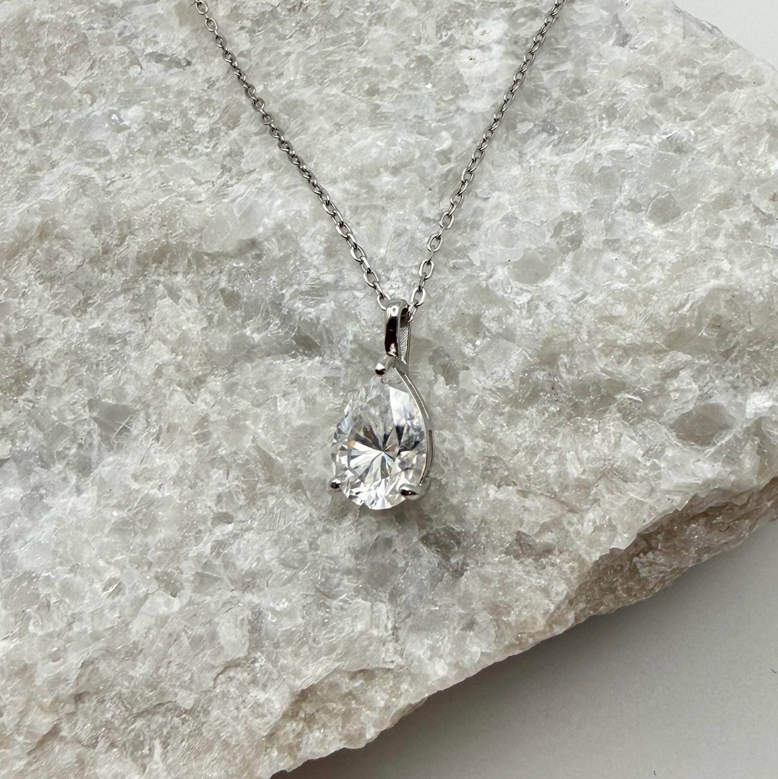 Teardrop Moissanite 3-Prong Necklace | 2.0 CT D/VVS1 Flawless Pear Cut Moissanite Solitaire Pendant | Solid S925 Silver Minimalist Jewelry