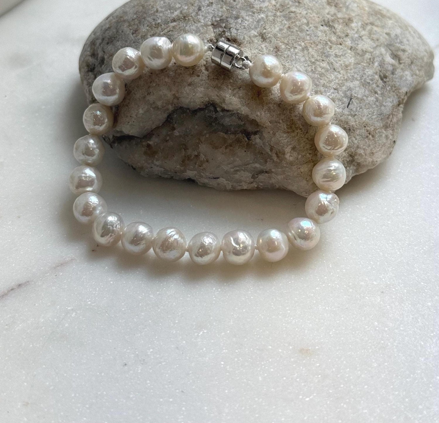 Elly’s 7.9-8.4mm Natural White Pop Crinkle Pearls Bracelet: Extreme luster mirrored, knotted, S925 silver Bracelet. high quality white pearls bracely for her birthday