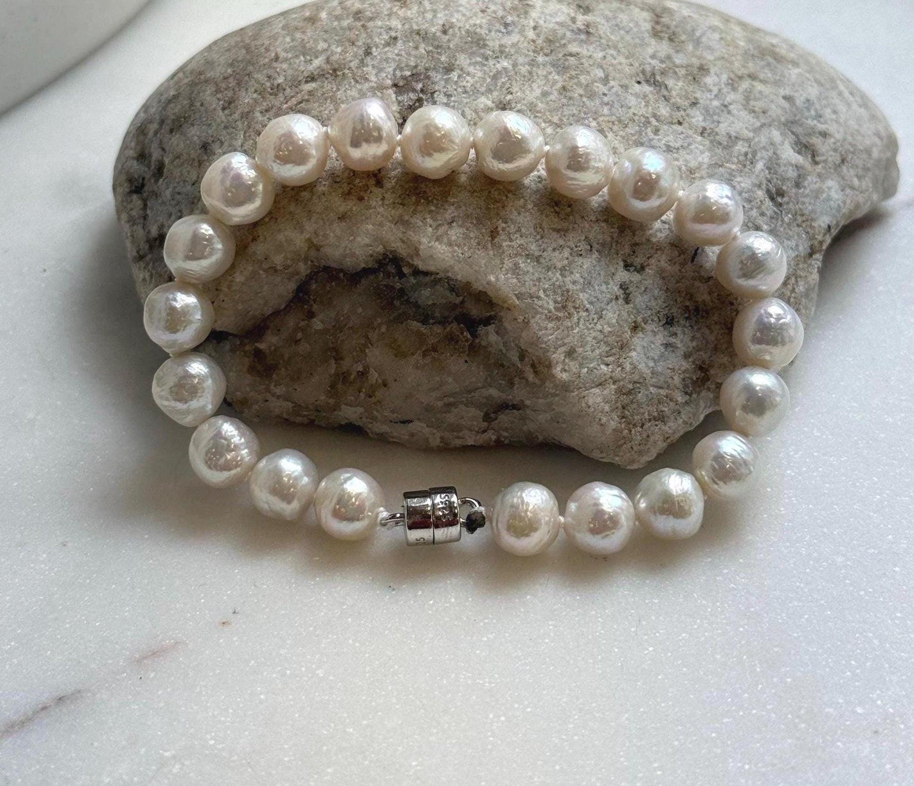 Elly’s 7.9-8.4mm Natural White Pop Crinkle Pearls Bracelet: Extreme luster mirrored, knotted, S925 silver Bracelet. high quality white pearls bracely for her