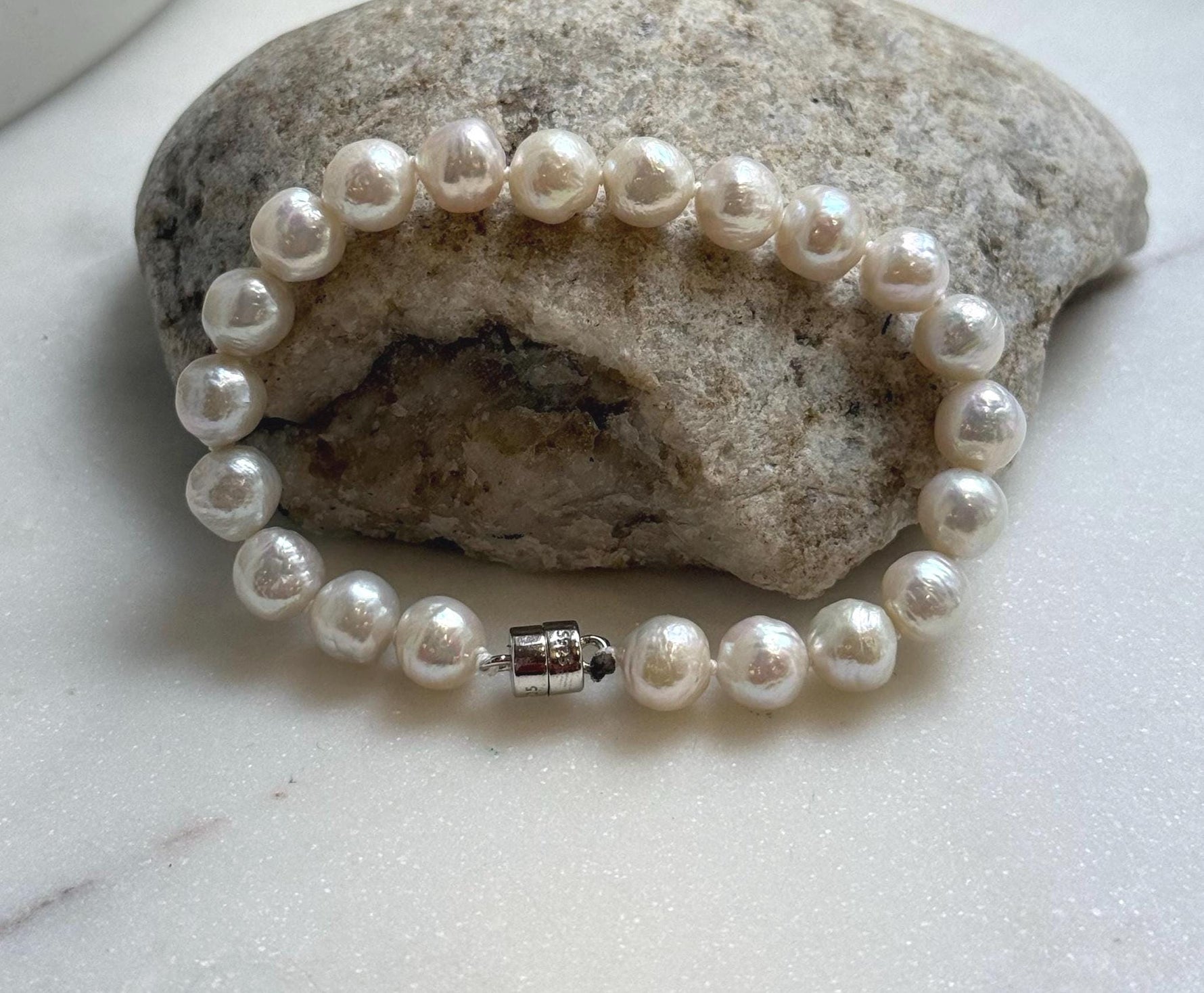 Elly’s 7.9-8.4mm Natural White Pop Crinkle Pearls Bracelet: Extreme luster mirrored, knotted, S925 silver Bracelet. high quality white pearls bracely for her holiday
