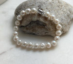 Elly’s 7.9-8.4mm Natural White Pop Crinkle Pearls Bracelet: Extreme luster mirrored, knotted, S925 silver Bracelet. high quality white pearls bracely for her