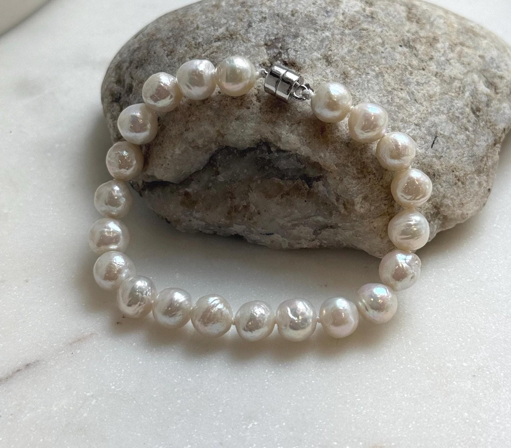 Elly’s 7.9-8.4mm Natural White Pop Crinkle Pearls Bracelet: Extreme luster mirrored, knotted, S925 silver Bracelet. high quality white pearls bracely for her