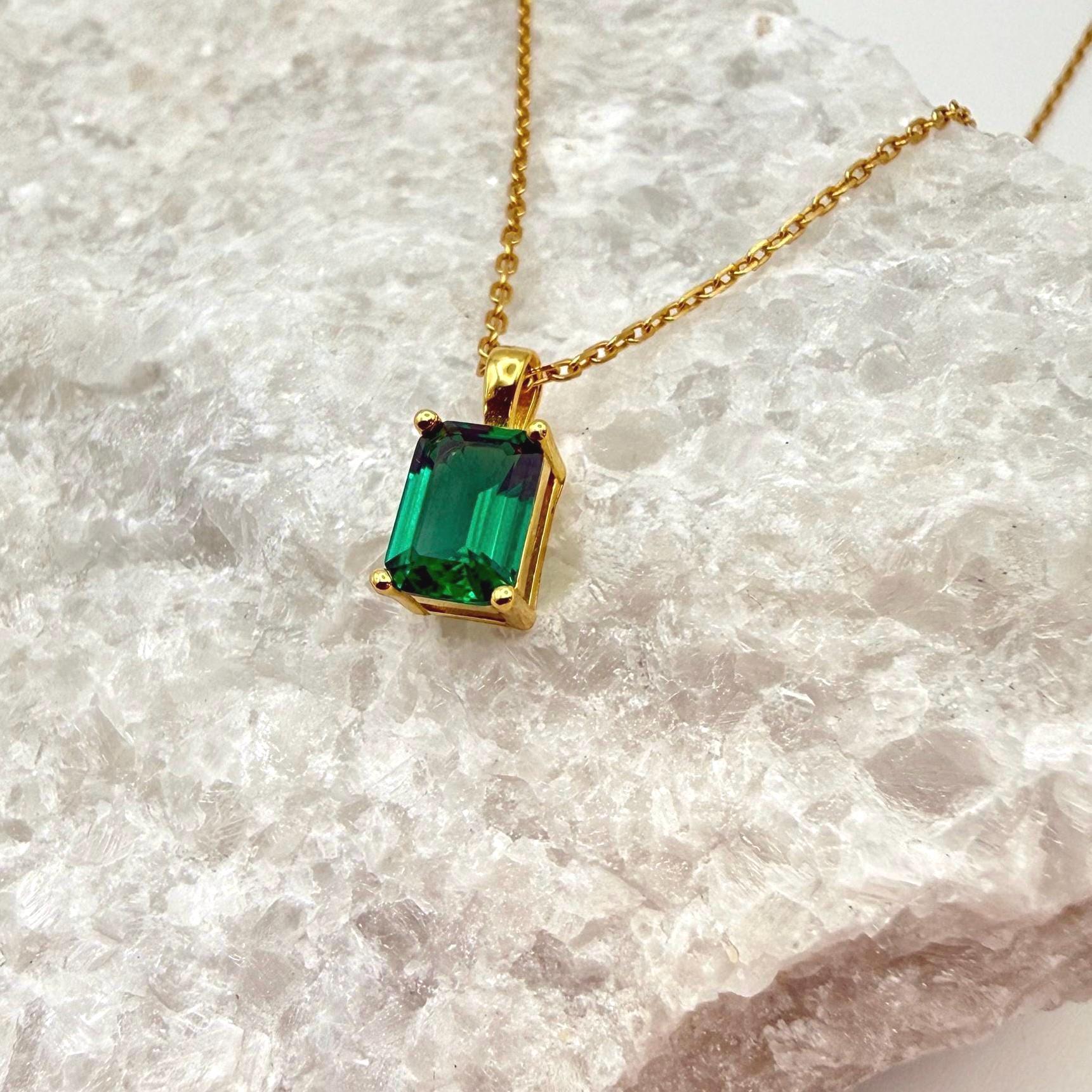Emerald Cut Hydrothermal Emerald Necklace | 1.0 CT Lab Emerald 4-Prong Solitaire Pendant | Solid S925 Silver Minimalist Jewelry