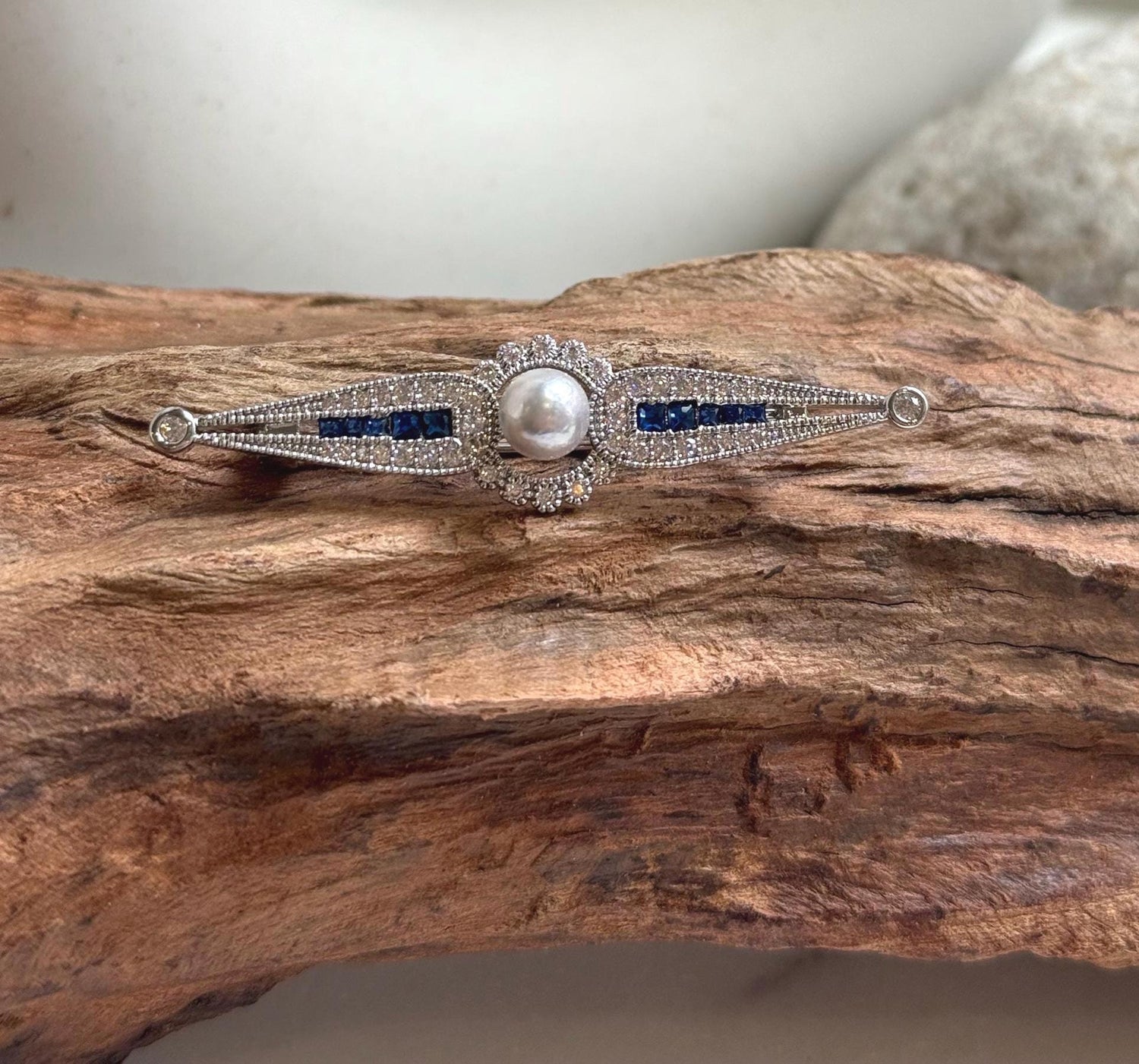 Elly’s Akoya blue silver ocean pearl Vintage brooch: Extreme luster mirrored, 6.3mm, 1.3x5.5cm.