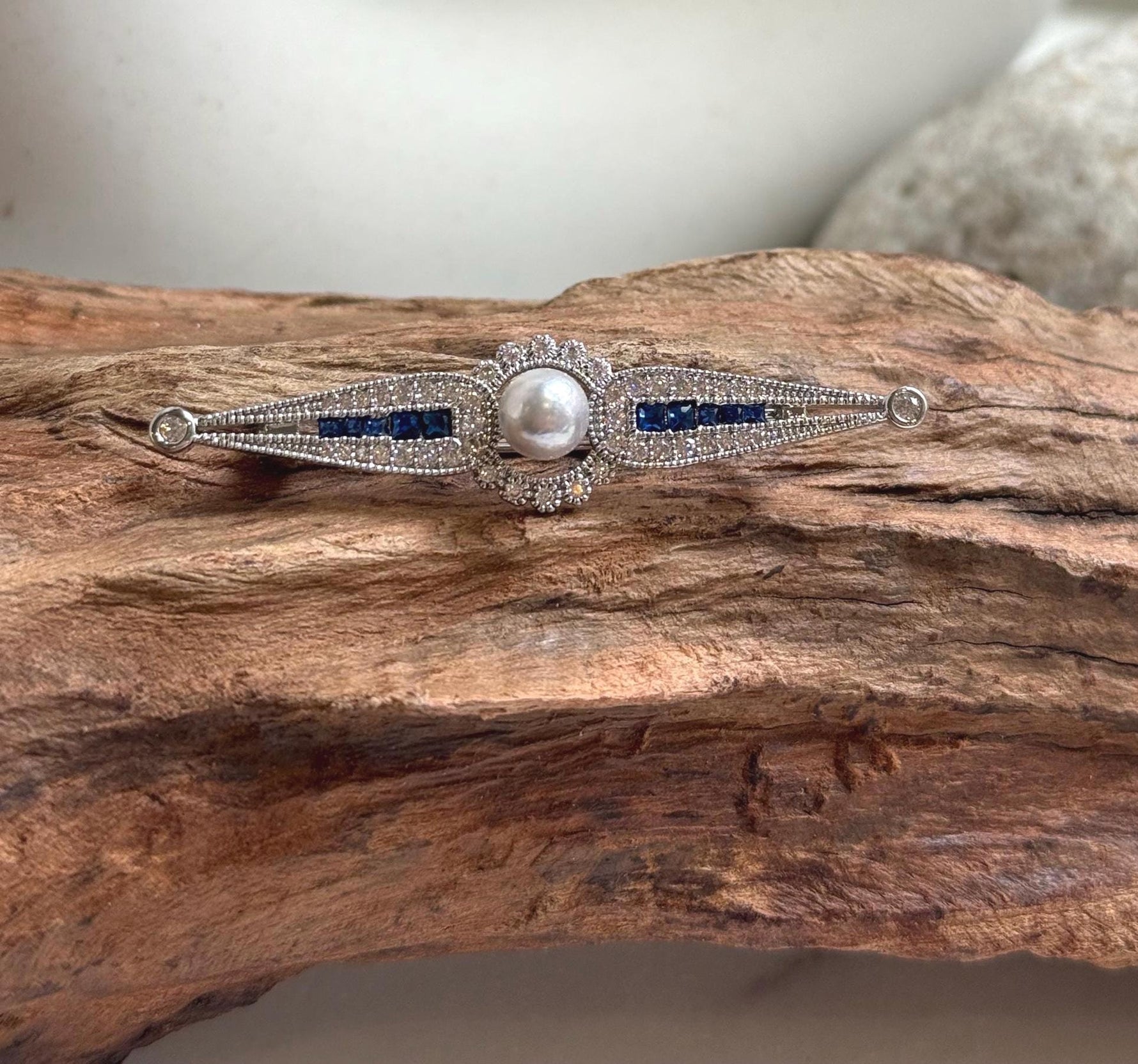 Elly’s Akoya blue silver ocean pearl Vintage brooch: Extreme luster mirrored, 6.3mm, 1.3x5.5cm.
