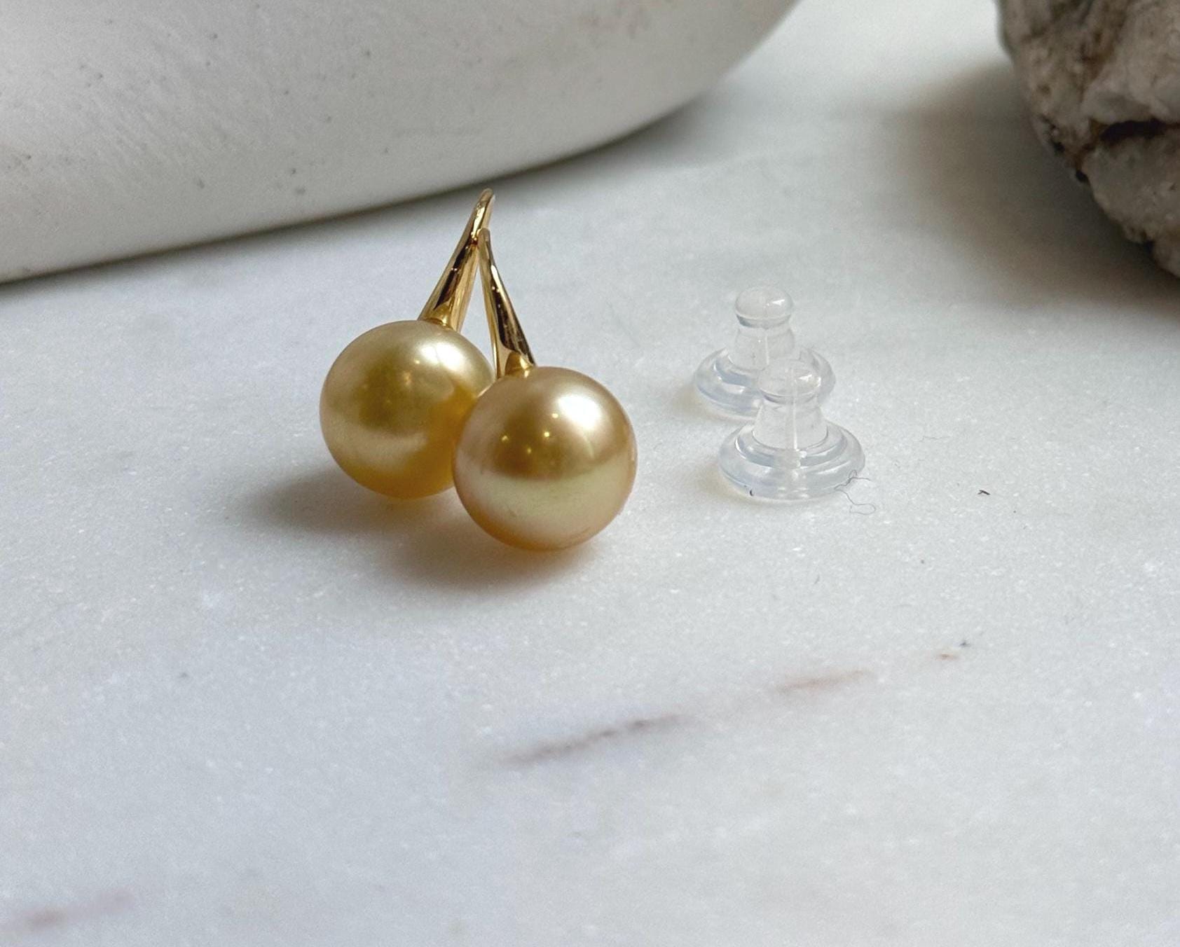 Elly’s 11.5mm Genius South sea golden ocean Pearls High-heel Earrings hooks: Extreme luster mirrored, 2.2cm high, S925 silver cool earrings. high quality golden pearls earrings hooks gift for her
