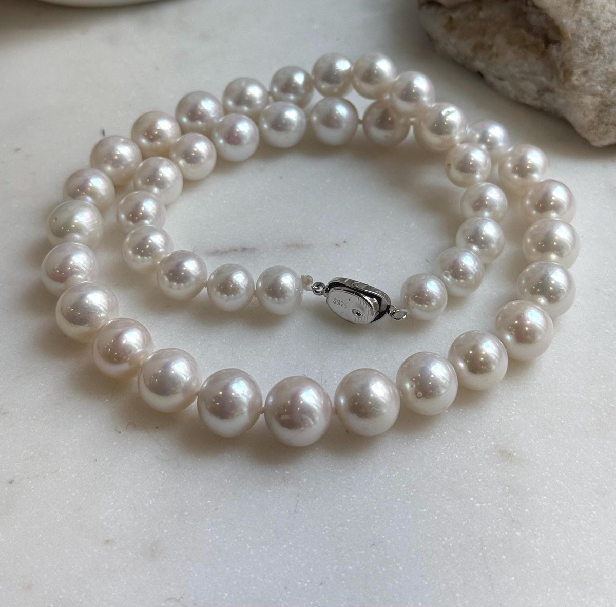 Elly’s 43pcs White Edison Pearls Necklace Strand: Extreme luster, 9.2-12mm, 19.3”, S925 silver necklace. daily office Edison white pearls necklace strand for her birthday holiday