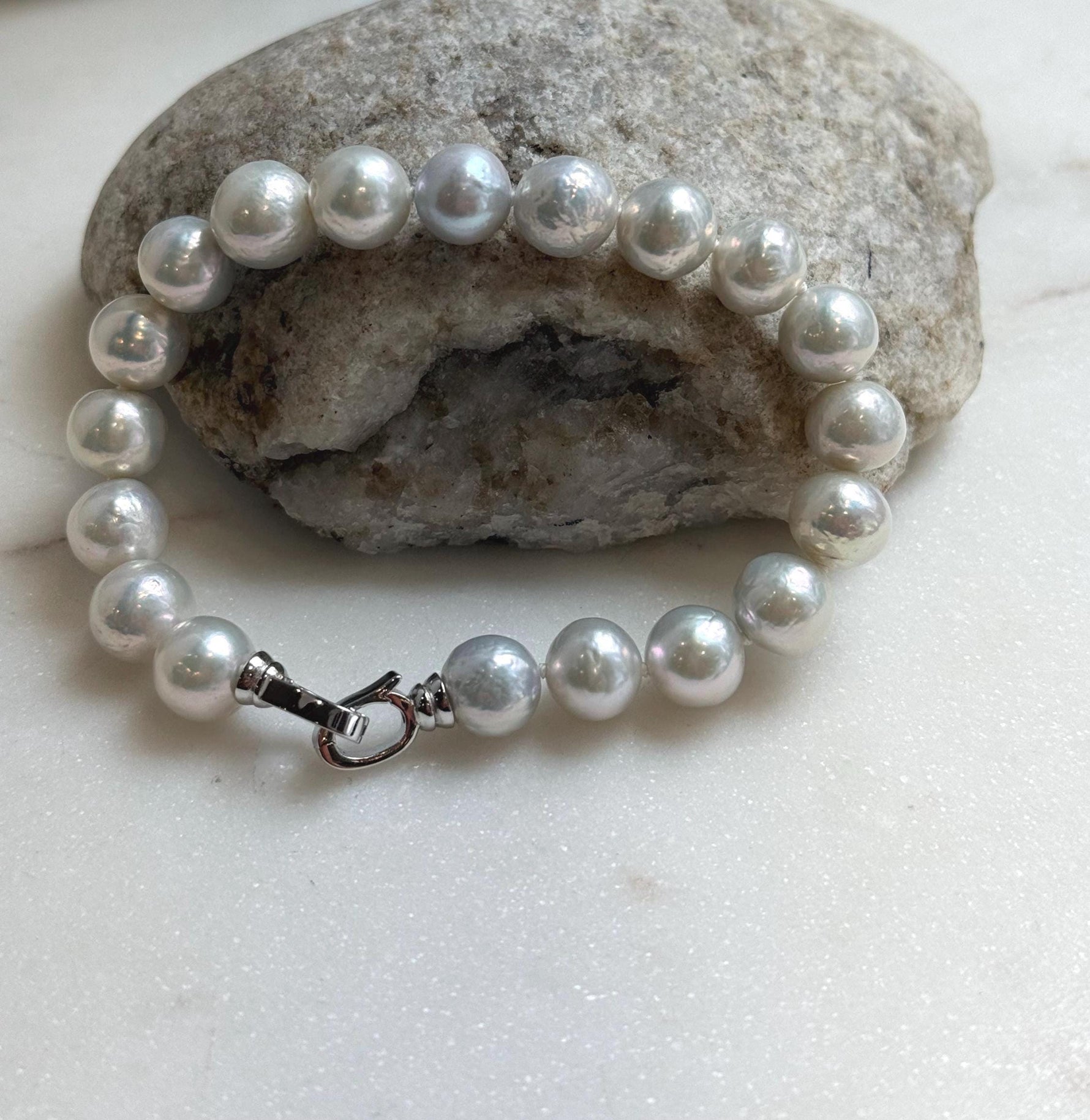 Elly’s 9.1-9.9mm Natural Ivory Pop Crinkle Pearls Bracelet: Extreme luster mirrored, knotted, S925 silver Bracelet. gift for her birthday