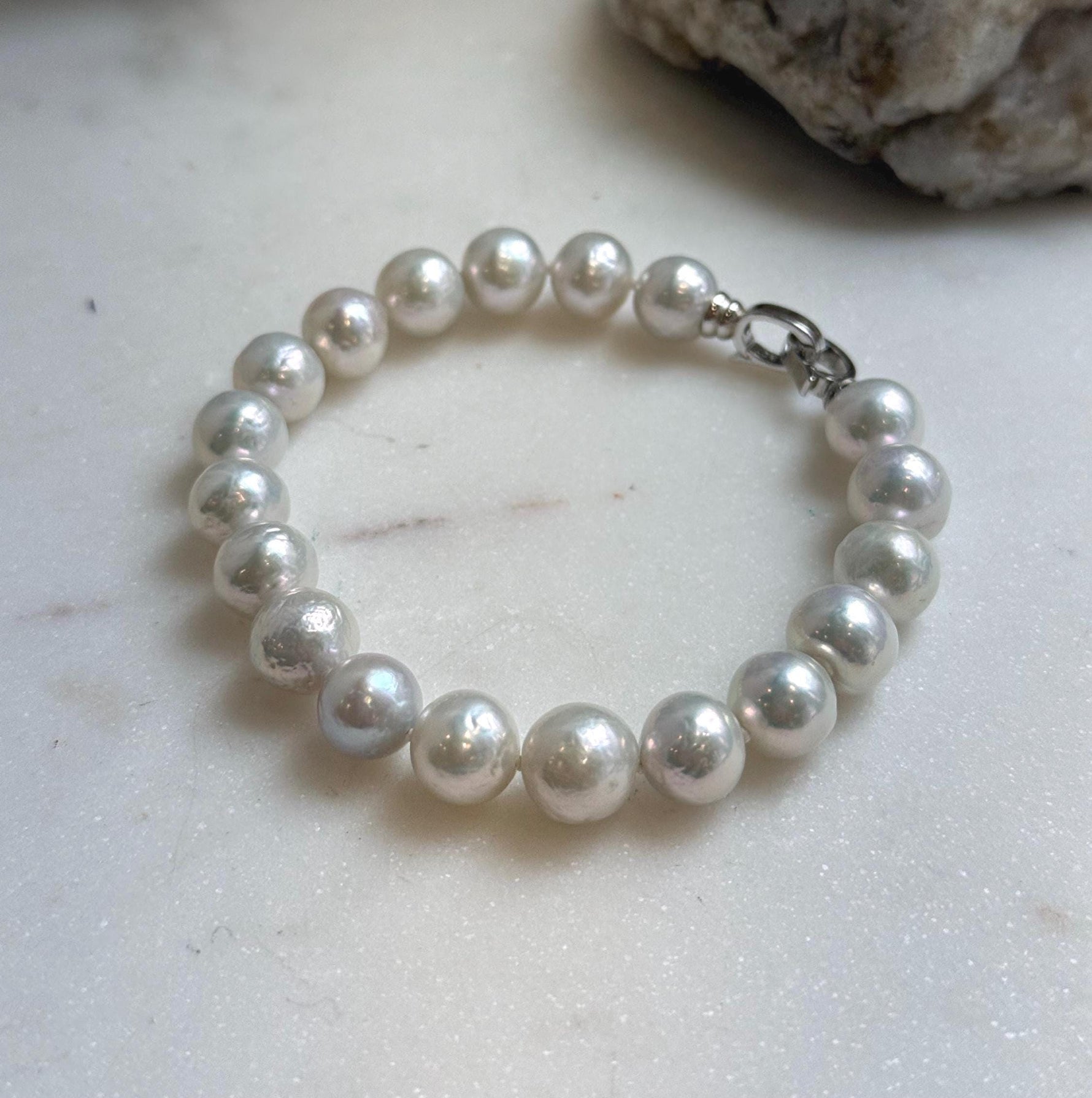Elly’s 9.1-9.9mm Natural Ivory Pop Crinkle Pearls Bracelet: Extreme luster mirrored, knotted, S925 silver Bracelet. gift for her anniversary