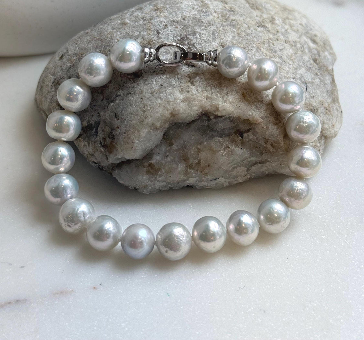 Elly’s 9.1-9.9mm Natural Ivory Pop Crinkle Pearls Bracelet: Extreme luster mirrored, knotted, S925 silver Bracelet. gift for her birthday