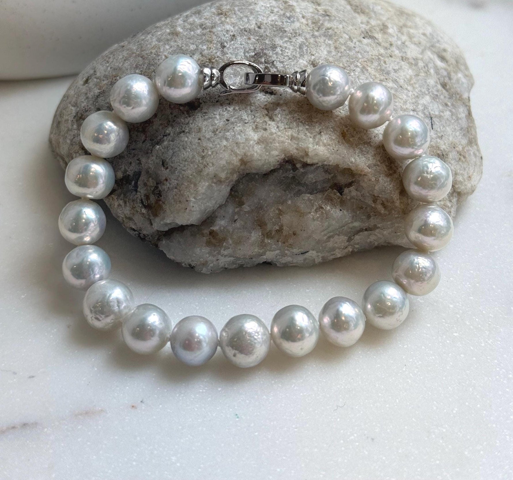 Elly’s 9.1-9.9mm Natural Ivory Pop Crinkle Pearls Bracelet: Extreme luster mirrored, knotted, S925 silver Bracelet. gift for her birthday