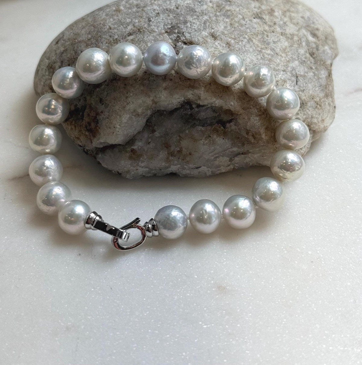 Elly’s 9.1-9.9mm Natural Ivory Pop Crinkle Pearls Bracelet: Extreme luster mirrored, knotted, S925 silver Bracelet. gift for her birthday