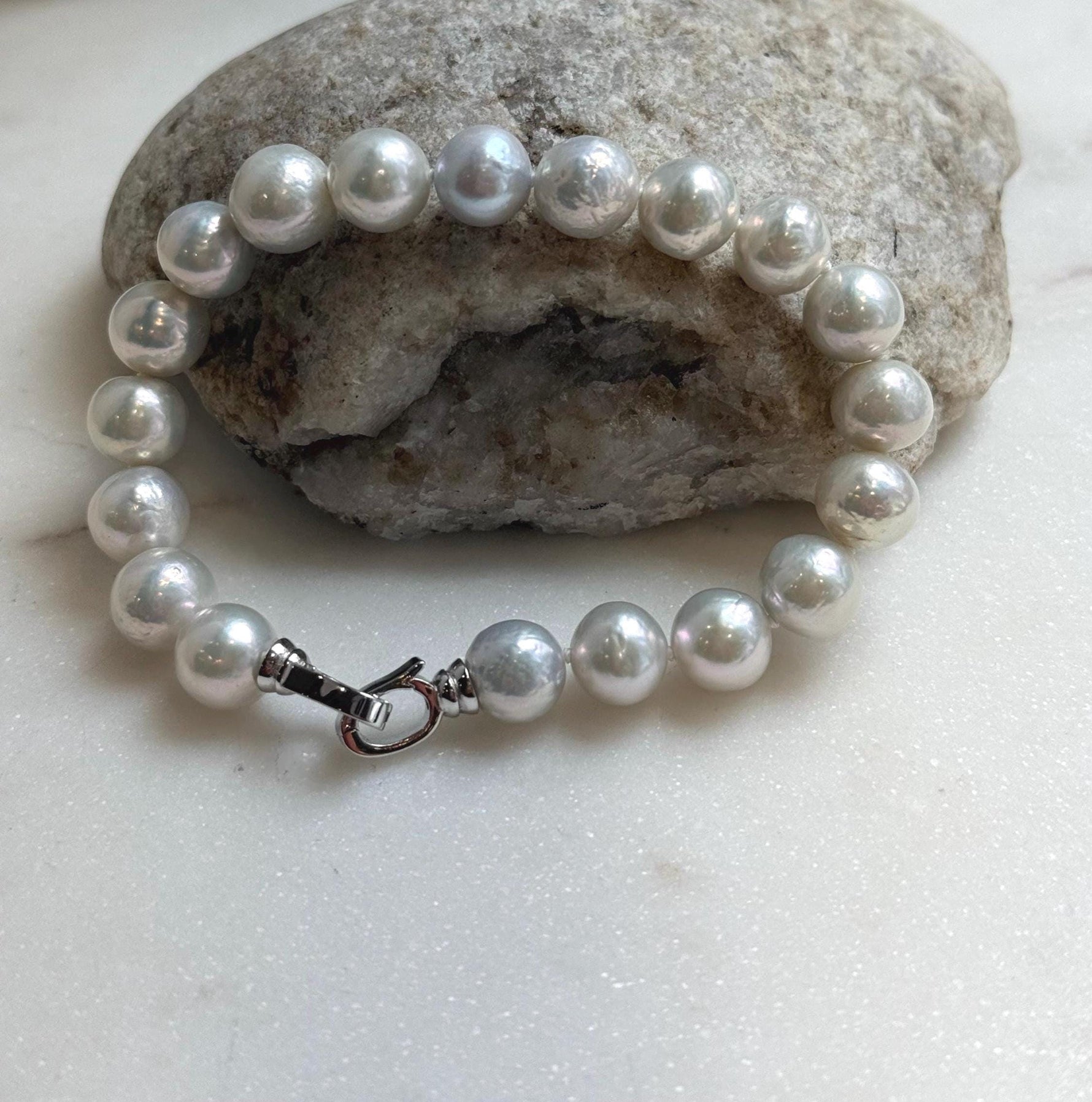Elly’s 9.1-9.9mm Natural Ivory Pop Crinkle Pearls Bracelet: Extreme luster mirrored, knotted, S925 silver Bracelet. gift for her birthday