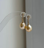 Elly’s 12.1mm Genius South sea golden ocean Pearls Earrings: Extreme luster mirrored,2.9cm high, S925 silver earrings chandeliers.
